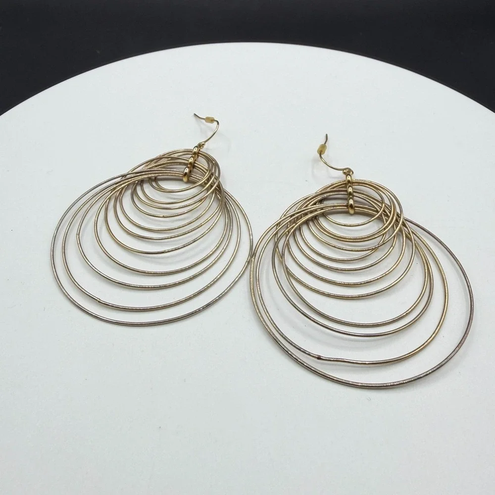 Gold Tone Concentric Multi Hoop Chandelier Earrings Oversized Dangle Statement